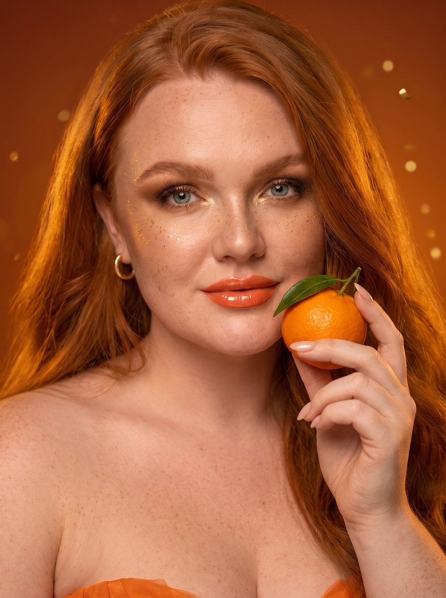 AI beauty close-up with freckles, a mandarin and gold shimmer