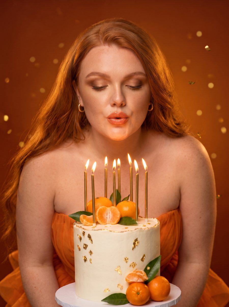 AI fashion editorial: red-haired woman blowing out candles on a mandarin birthday cake