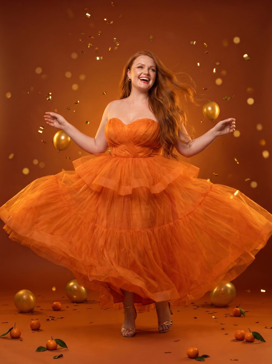 AI fashion photo: twirling in a tangerine tulle gown with gold confetti