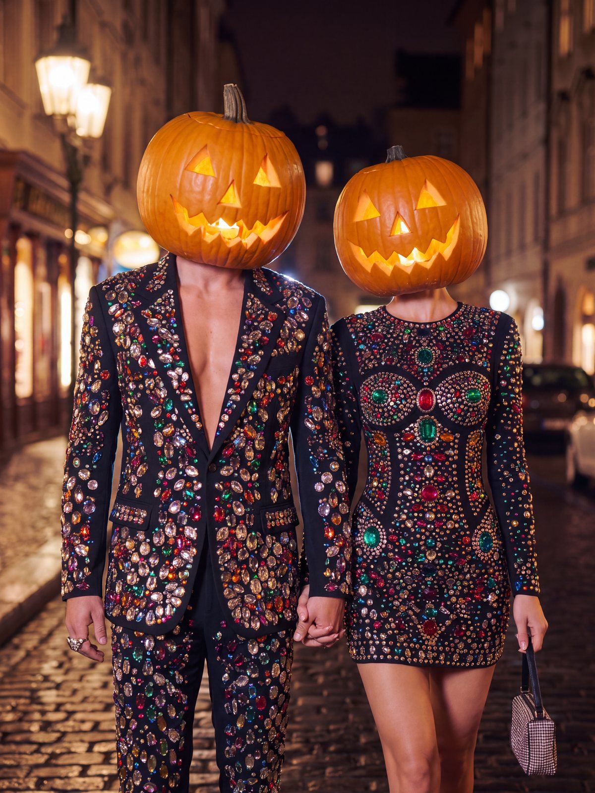 AI fashion editorial: couple in rhinestone suit and dress with glowing pumpkin heads, holding hands