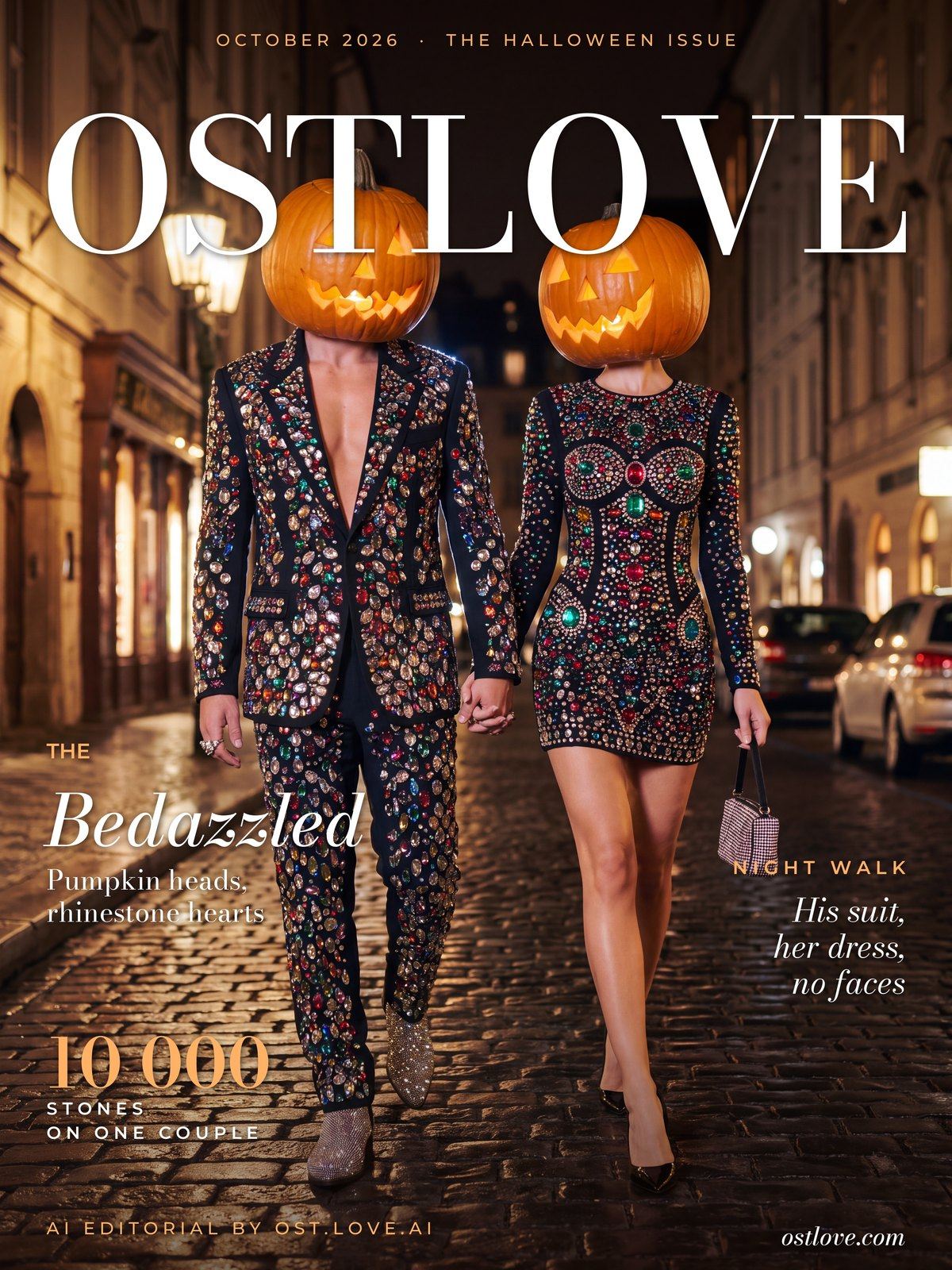 OSTLOVE AI magazine cover, October 2026, The Halloween Issue, rhinestone couple with pumpkin heads