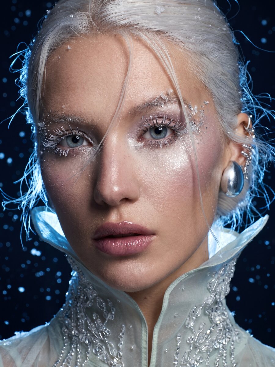 AI beauty close-up with frost on the lashes and glass skin