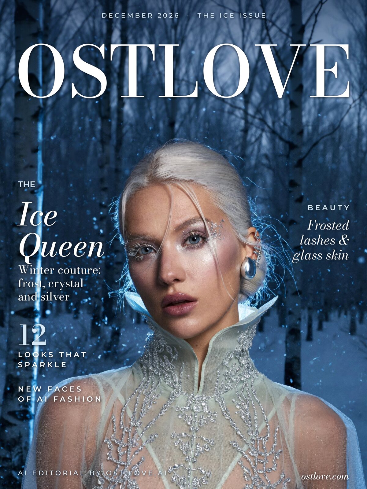OSTLOVE AI magazine cover, December 2026, The Ice Issue, Ice Queen