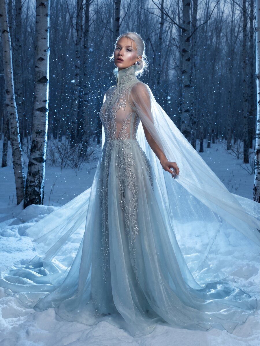 AI fashion editorial: model in an ice-blue couture gown in a snowy birch forest